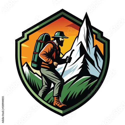 A bearded man in a hat and backpack hikes up a snow-capped mountain at sunset, all within a shield-shaped design.