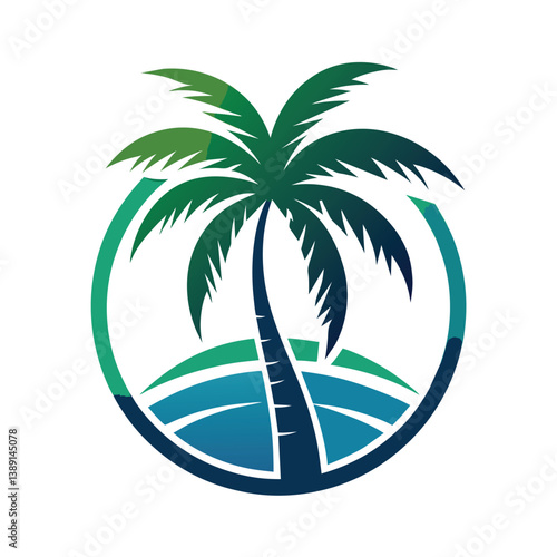 A simple logo of a green palm tree in a circular design with blue water and green sand beneath it.