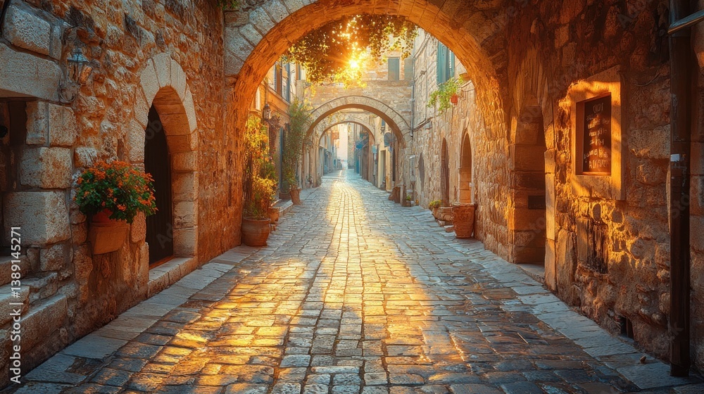 Fototapeta premium Sunlit cobblestone alley, arched stone buildings, Mediterranean village, tourism