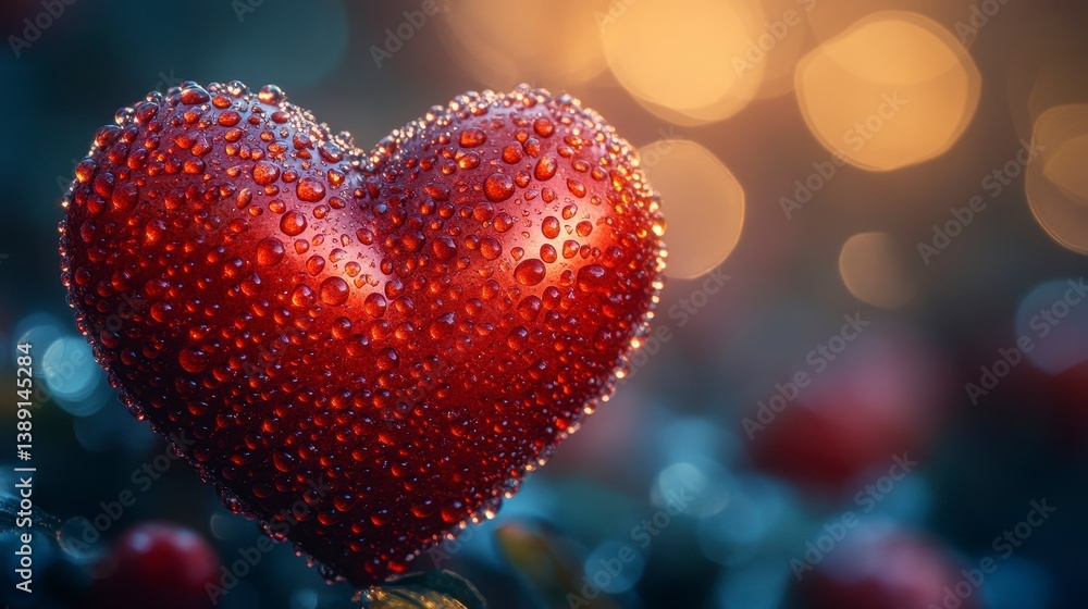 Dewy red heart. Bright, dreamy bokeh. Dark background. Soft, romantic light Dewy red heart. Bright, dreamy bokeh. Dark background. Soft, romantic light