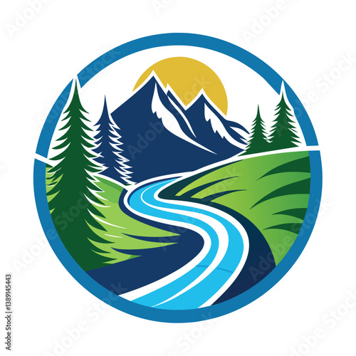 A stylized illustration of a blue river winding through a green valley with mountains and a sun in the background, all contained within a circular design.