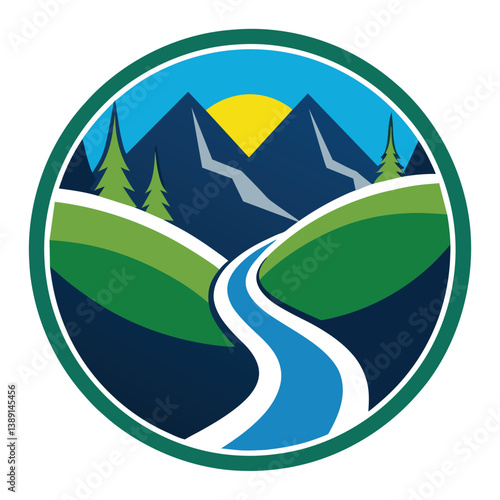 A circular illustration depicting a winding river flowing through a valley between two mountains, with a bright yellow sun rising over the peaks.