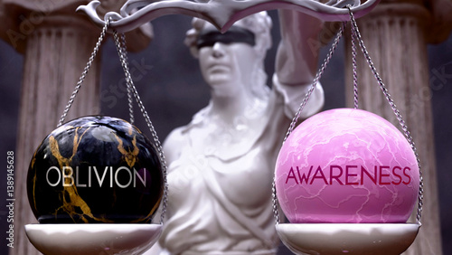 Oblivion or Awareness as a choice, two options to choose from. Greek statue presenting two alternatives: oblivion or awareness, weighing their values. Looking at pros and cons. ,3d illustration