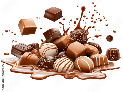 Delicious Chocolates Floating Above a Melted Brown Background Illustration
