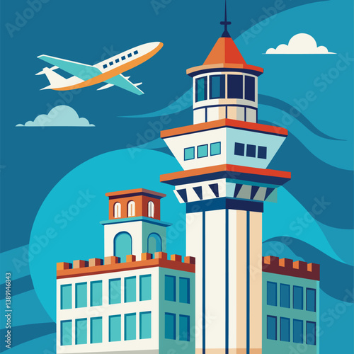 A cartoon illustration of an airplane flying over a tall control tower at an airport. The sky is blue with white clouds.