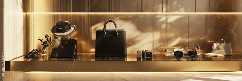 Luxurious fashion items displayed in a digital online store with a gold and black aesthetic highlighting e-commerce trends