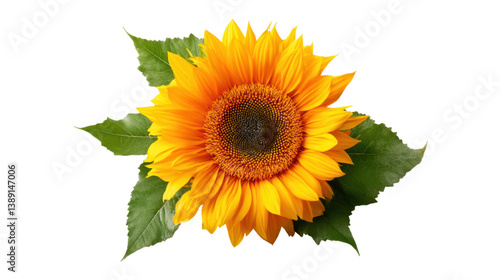isolated transparent Background. vibrant sunflower with detailed center and lush green leaves, radiating warmth and beauty
