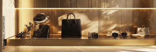 Luxurious fashion items displayed in a digital online store with a gold and black aesthetic highlighting e-commerce trends