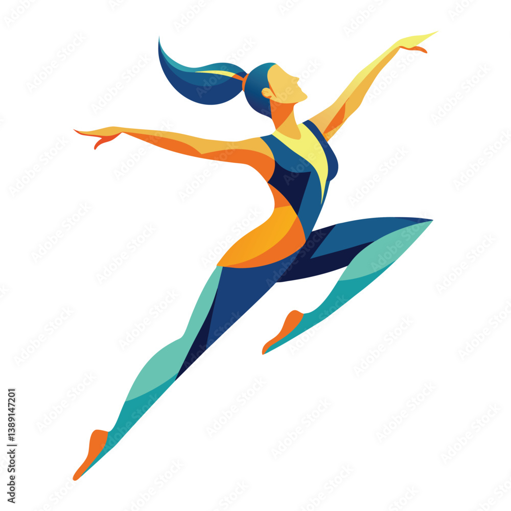 An illustration of a woman in a blue and yellow outfit performing a dynamic leap with her arms outstretched. An illustration of a woman in a blue and yellow outfit performing a dynamic leap with her arms outstretched.
