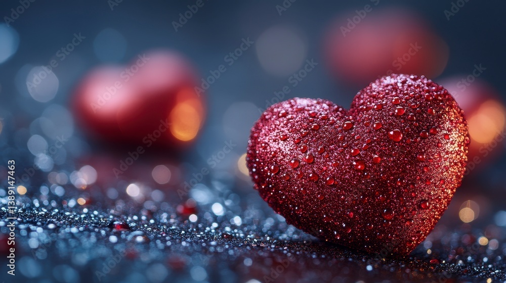 Heart, with drops, lies amidst glitter and bokeh against a dark background Heart, with drops, lies amidst glitter and bokeh against a dark background