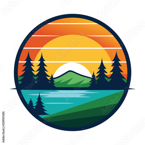A circular illustration of a mountain lake at sunset. The scene features a green mountain and trees against an orange and yellow sky.