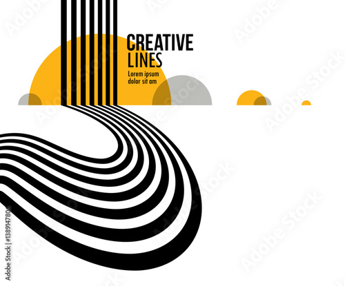 3D black and white lines in perspective with yellow elements abstract vector background, linear perspective illustration op art, road to horizon.