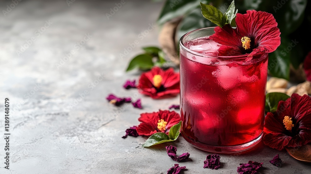 Hibiscus drink with ice cubes, red flowers, and green leaves on grey background Hibiscus drink with ice cubes, red flowers, and green leaves on grey background