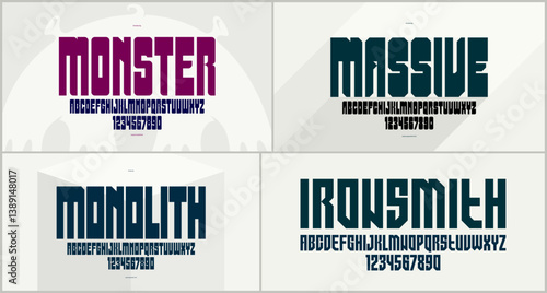 Brutal geometric vector fonts set, bold and massive alphabet typefaces, strong and heavy typeset collection, useful for logo creation, urban letters set.
