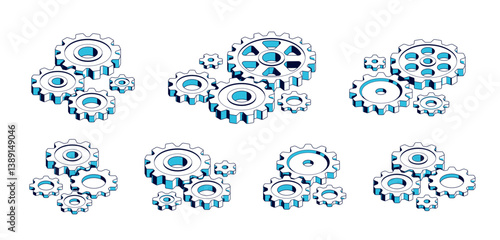Industry and manufacturing concept set, gears and cogs composition isometric 3D vector illustration, cogwheels system technology and technics machinery engine.