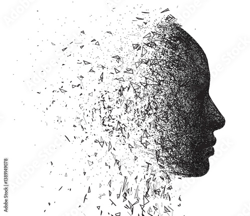 Vector human head profile dissolving into scattered geometric fragments and particles. Identity, memory, and transformation conceptual design.
