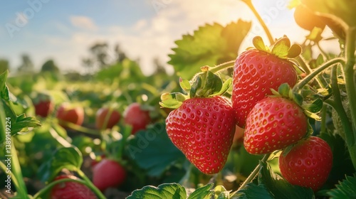 Ripe red strawberries growing on a sunny strawberry field