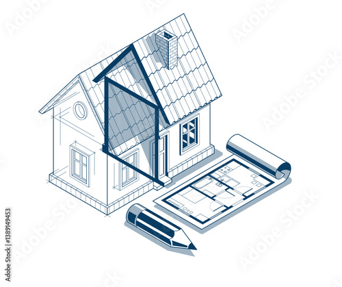 House project implementation embodiment concept, 3D isometric vector illustration of a small house building project, construction architectural model, idea in progress.