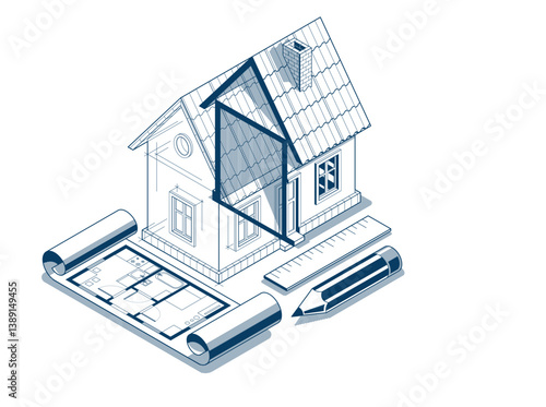 House project implementation embodiment concept, 3D isometric vector illustration of a small house building project, construction architectural model, idea in progress.
