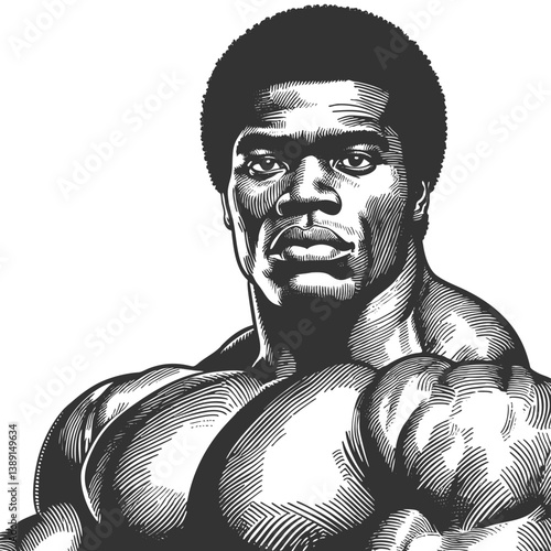 strong, muscular man african-american with a focused expression, symbolizing confidence, power, and athleticism sketch engraving generative ai vector illustration. Scratch board. Black and white image