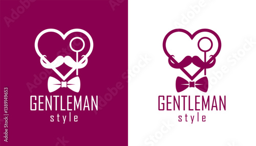 Gentleman heart vector icon or logo, heart shape with tie mustache and glasses symbol, man club, male hipster style and fashion.