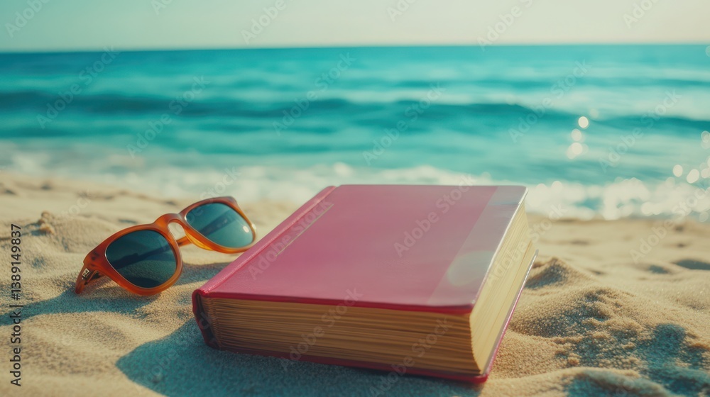 Pink book & sunglasses on sandy beach Pink book & sunglasses on sandy beach