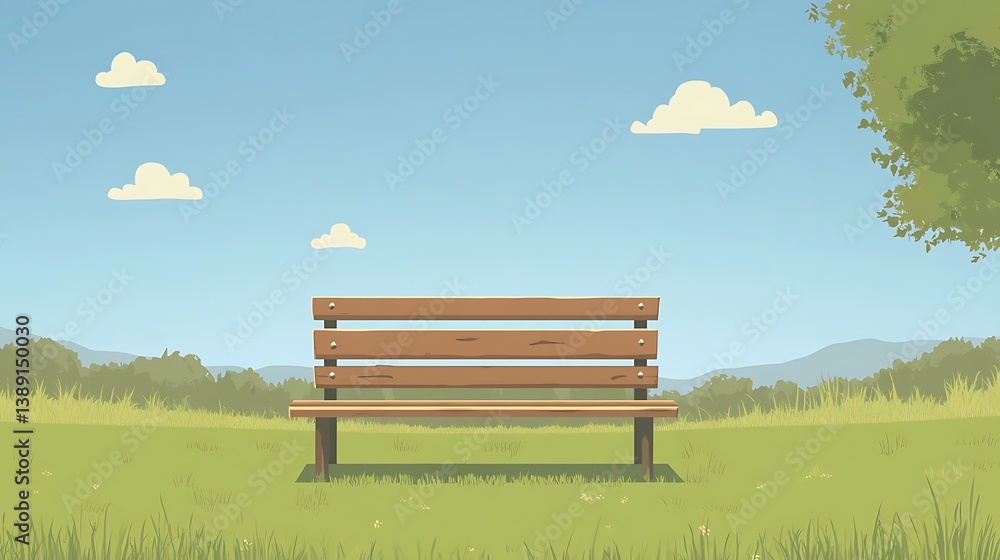 Empty wooden park bench on grassy field under blue sky. Empty wooden park bench on grassy field under blue sky.
