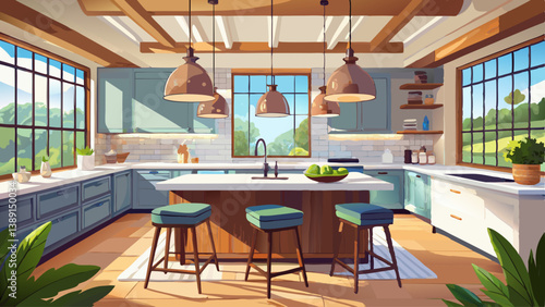 Spacious open-concept kitchen with a marble island, bar stools, and bright natural lighting.
