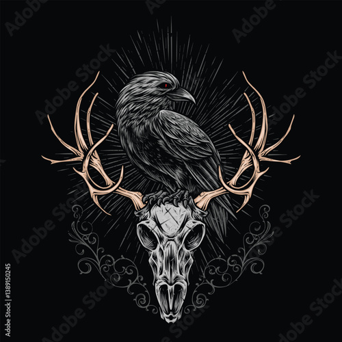 black raven standing on skull illustration