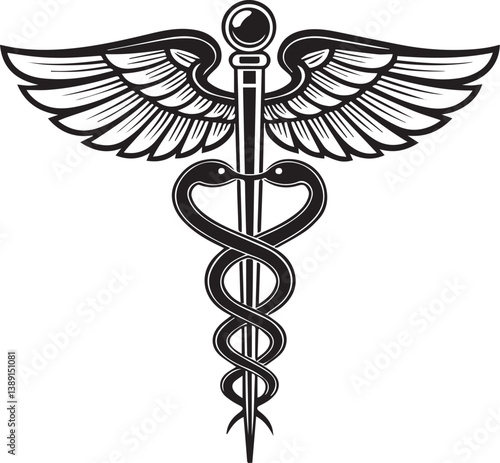 Caduceus medical symbol health care medicine snake wings staff pharmacy doctor hospital treatment black art