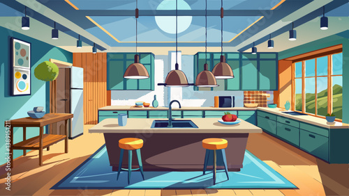 Modern open kitchen with a central island, pendant lighting, and seamless flow into the living area.