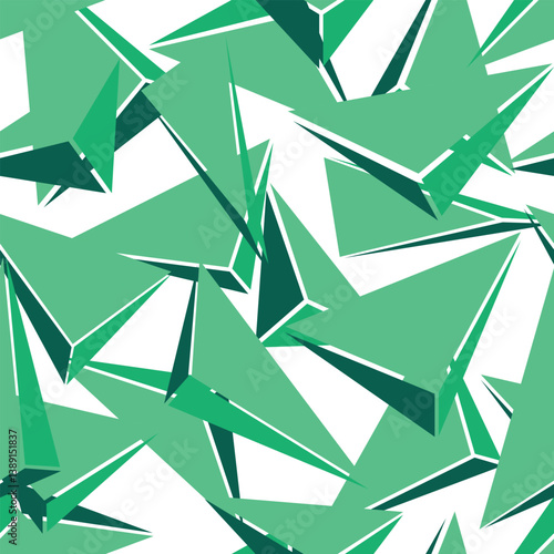 Seamless pattern with green volumetric triangles on a white background. Vector illustration in abstract geometric style, for your designs and prints on fabrics and packaging