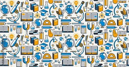Education seamless background, vector endless pattern wallpaper with a lot of elements on study and learning theme, can be used separately like an icon.