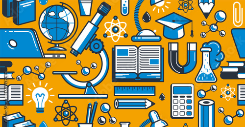 Education seamless background, vector endless pattern wallpaper with a lot of elements on study and learning theme, can be used separately like an icon.