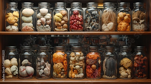 Glass jars filled with preserved specimens on wooden shelves.
