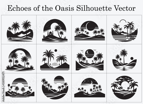 Echoes of the Oasis Silhouette with Tranquil Palm Trees and Reflections in Desert Mirage Scene for Peaceful Nature Themes