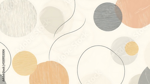 Abstract beige, gray, and orange circles and lines pattern.