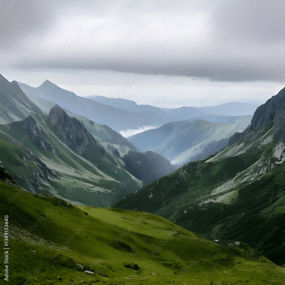 Fototapeta premium A photo of a misty mountain range with faded greens and grays. Generated by AI