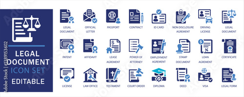 Legal document icon set. including contract, ID, certificate, court order, and agreement icons. Ideal for law, office, and legal service designs.Editable flat vector solid icons collection