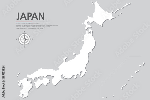 3.Japan line map3. A white Japanese map protruding in three dimensions against a bright grey background.