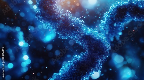 Detailed 3D rendering of a DNA double helix, showcasing its complex structure with vibrant blue and bokeh effects.