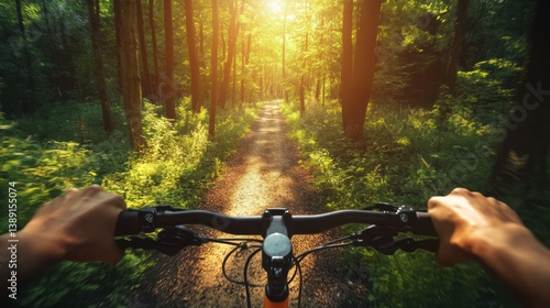 Cyclist on a trail through a sunlit forest.