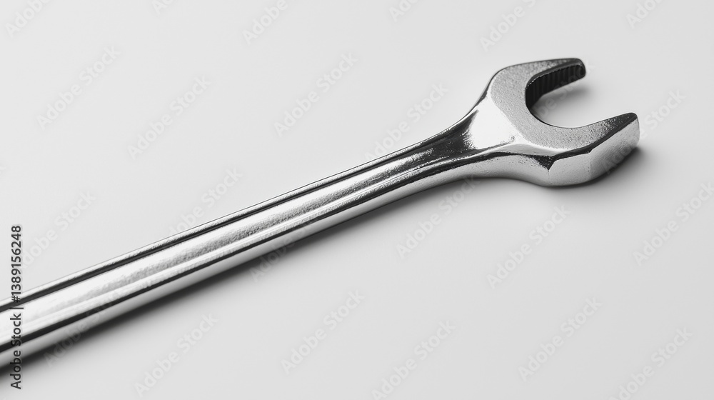 Close-up view of a shiny metal wrench on a neutral background showcasing its design and texture in detailed clarity Close-up view of a shiny metal wrench on a neutral background showcasing its design and texture in detailed clarity