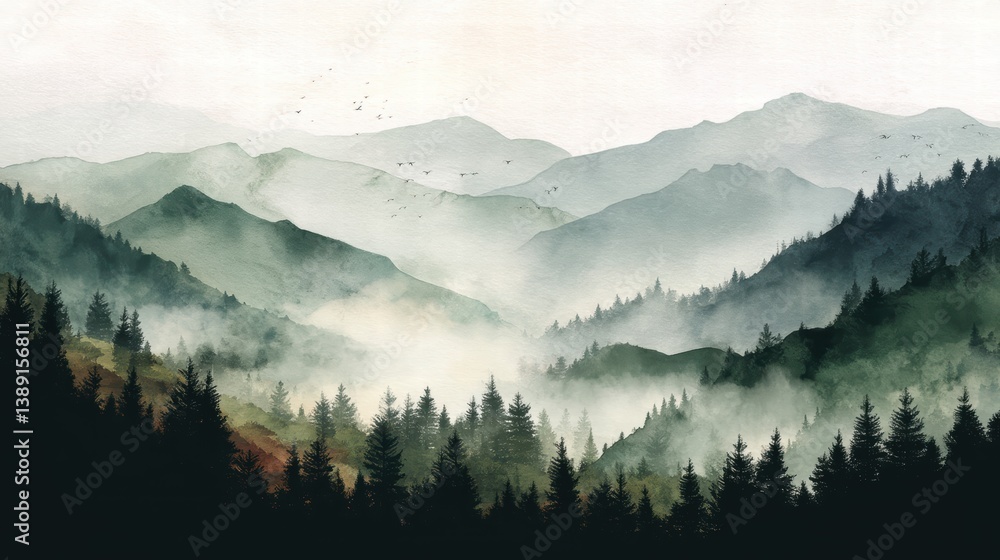 Watercolor of landscape forest misty mountains horizon and fog and hills,pine tree fir tree,Autumn forest background,drawn by hand,Autumn illustration design elements for landscape,wallpaper.