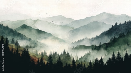 Obraz na płótnie Watercolor of landscape forest misty mountains horizon and fog and hills,pine tree fir tree,Autumn forest background,drawn by hand,Autumn illustration design elements for landscape,wallpaper. w salonie