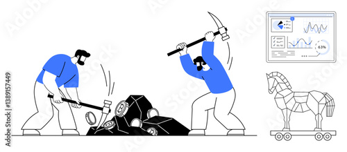 Workers break rocks with tools, symbolizing effort, while data charts and a Trojan horse suggest complexity, analysis, and hidden challenges. Ideal for teamwork, strategy, hard work, problem-solving