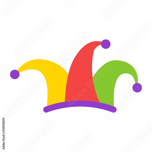 Jester hat with purple bells, festive carnival headdress in cartoon style for comedy and entertainment. Vector illustration.