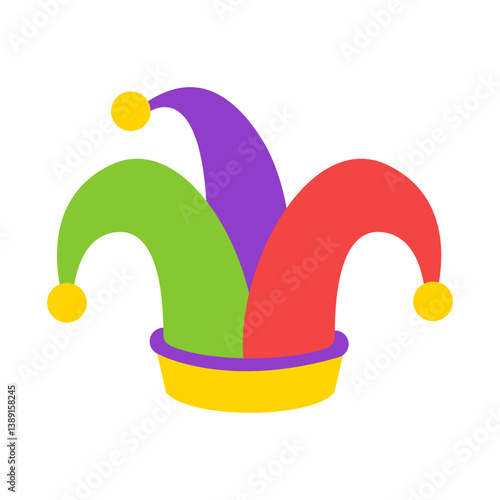 Jester hat with yellow bells, festive carnival headwear in cartoon style for comedy and entertainment. Vector illustration.