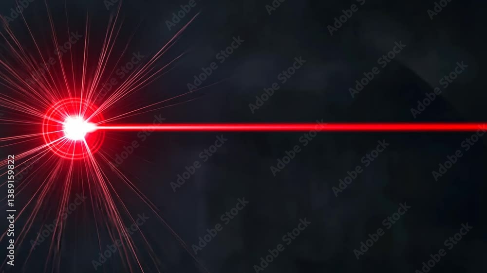 Energetic red laser beam emits from a central point over a dark background