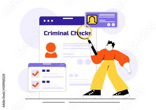 Criminal Checks Illustration Featuring Background Check for Recruitment, Criminal Record or Drug Test with Magnifier Inspecting Candidate Document
